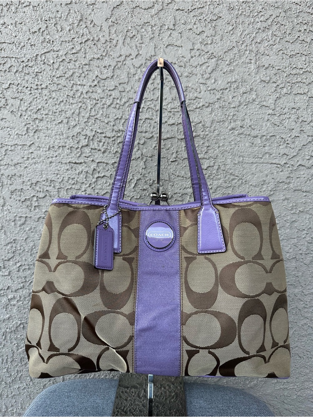 COACH Kisslock Canvas Tote with Purple Trim and Brown Signature shoulder bag
